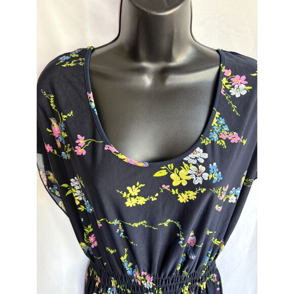 Young USA Navy Blue Floral Midi Open Back Dress Size M Shift Feminine Church - Picture 2 of 10